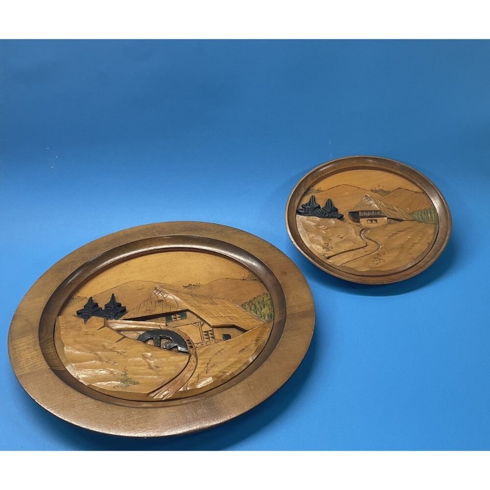 VTG German black forest wall hang 1950s-1960s Hand Carved Wooden Plates- set 2